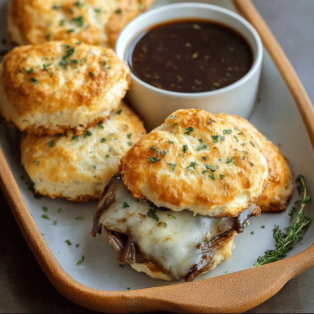 Baked French Dip Biscuits with Turkey Bacon and Chicken Ham Delight