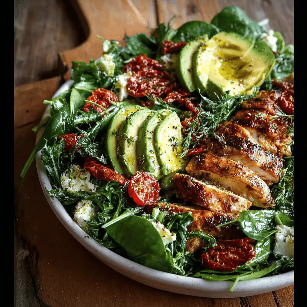 Grilled Chicken Sun Dried Tomato and Avocado Spinach Salad Delight