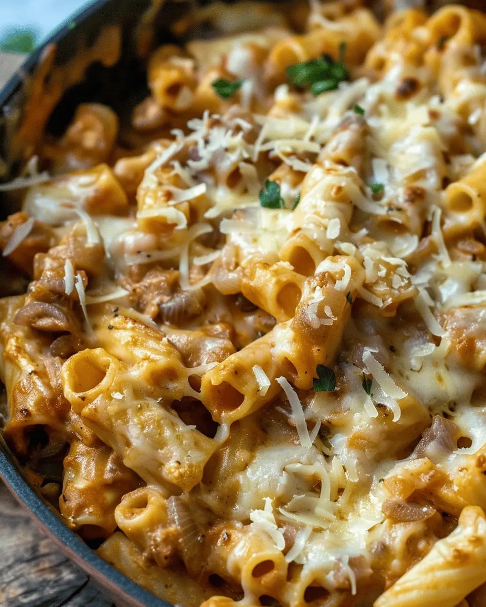 One Pot French Onion Pasta with Turkey Bacon: Easy & Delicious