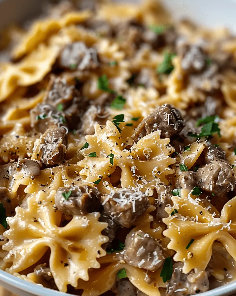 Creamy Parmesan Garlic Beef Bowtie Pasta