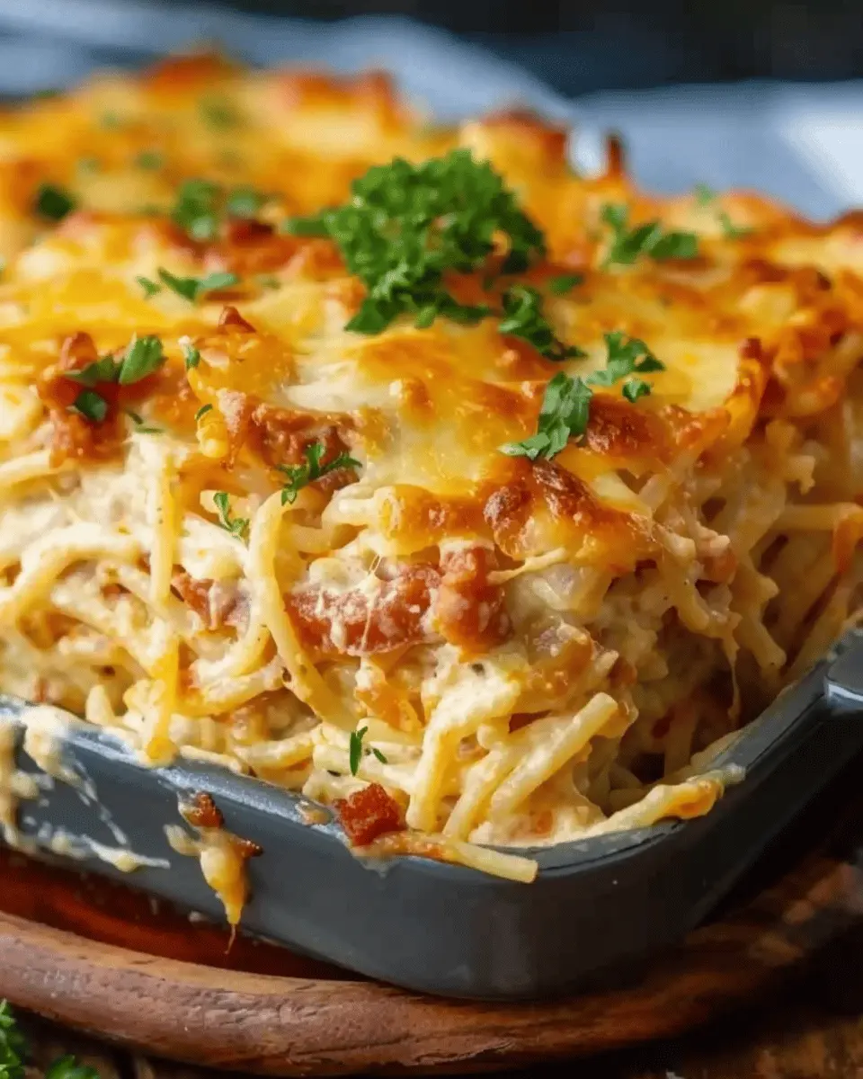 Creamy Southern Spaghetti Bake with Turkey Bacon and Chicken Ham