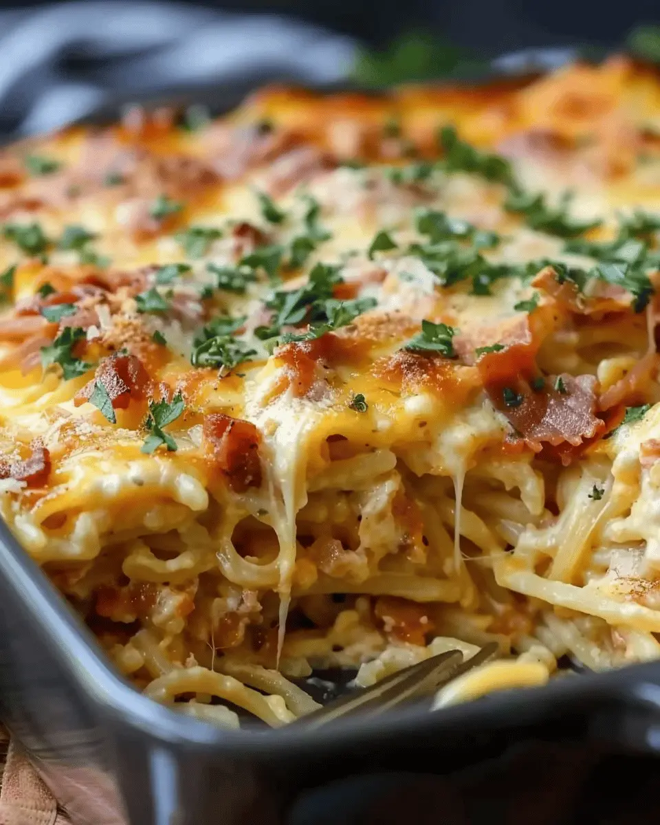 Creamy Southern Spaghetti Bake with Turkey Bacon and Chicken Ham