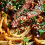 Sweet and Spicy Garlic Steak Pasta