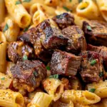 Cajun Steak Tips in Cheesy Rigatoni Parmesan Sauce