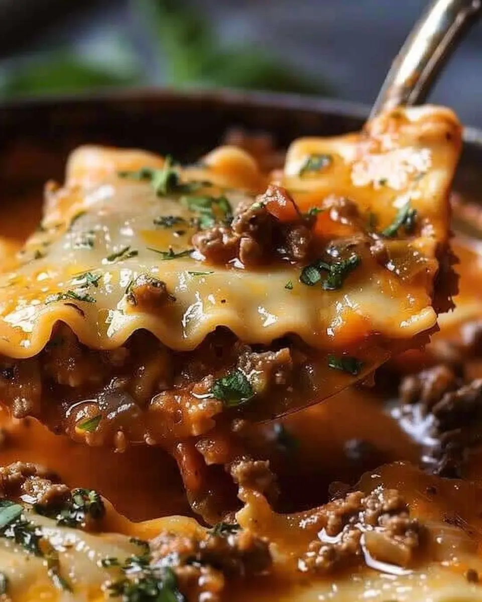 Mouthwatering One Pot Lasagna Soup with Turkey Bacon and Chicken Ham