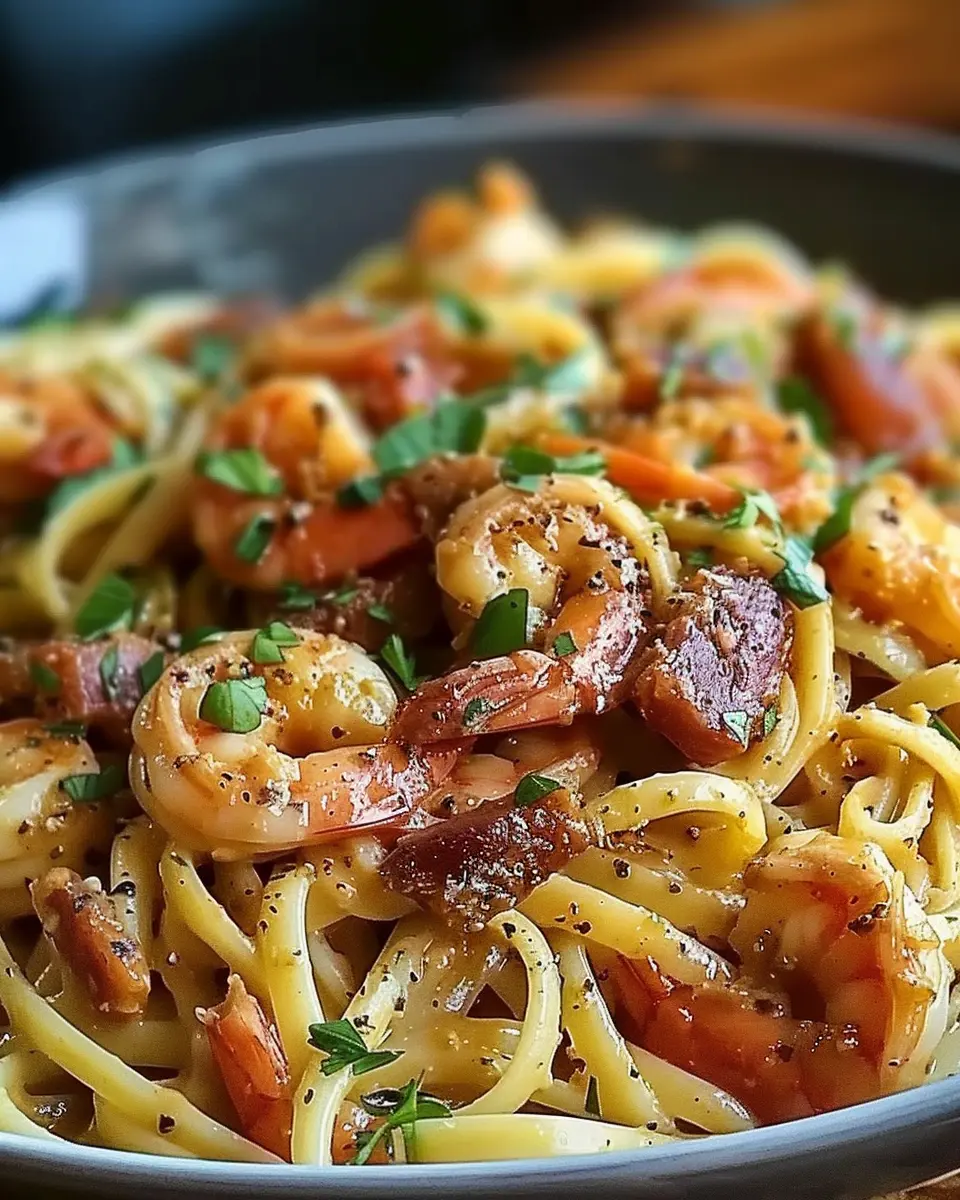 Delicious Pappadeaux Mardi Gras Pasta with Turkey Bacon and Chicken Ham
