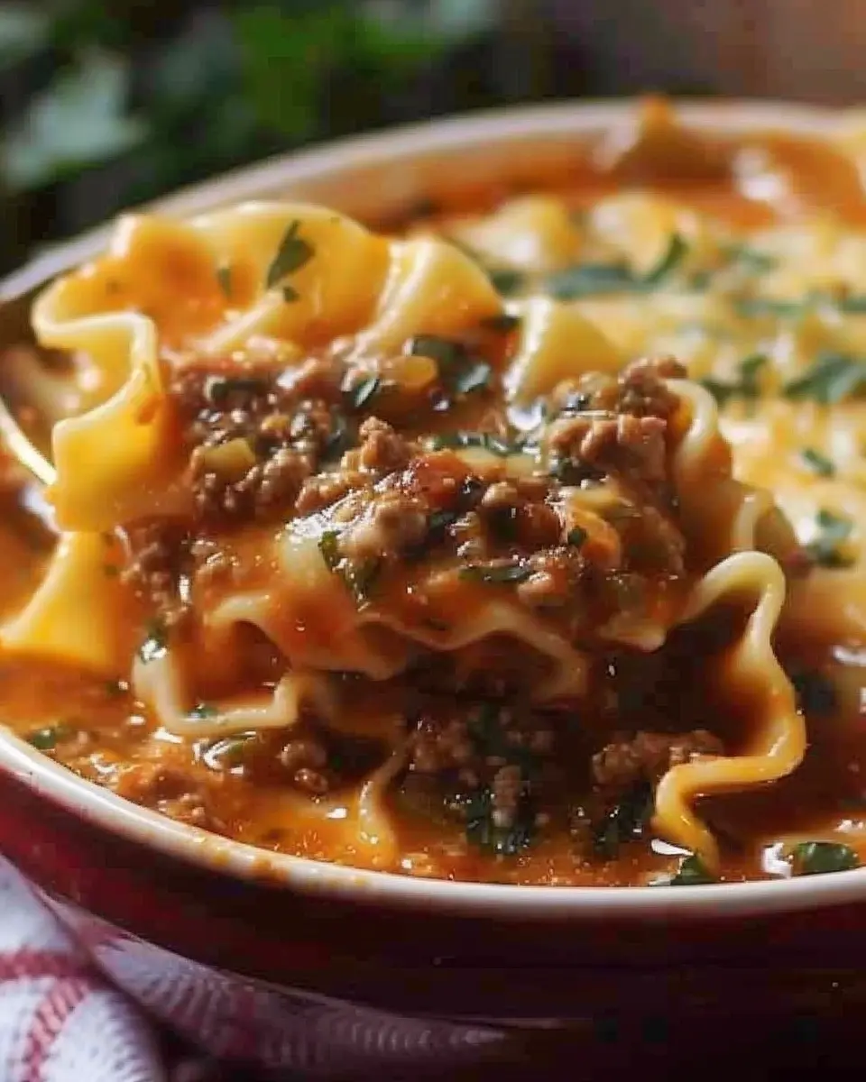 Mouthwatering One Pot Lasagna Soup with Turkey Bacon and Chicken Ham