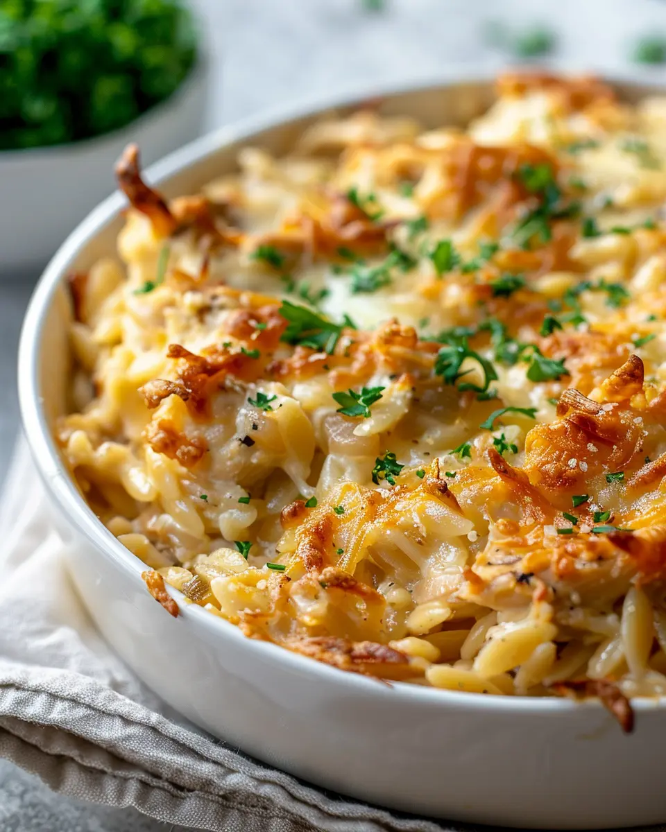 French Onion Chicken Orzo Casserole with Turkey Bacon Delight