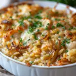 French Onion Chicken Orzo Casserole