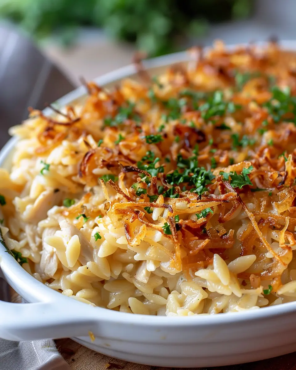 French Onion Chicken Orzo Casserole