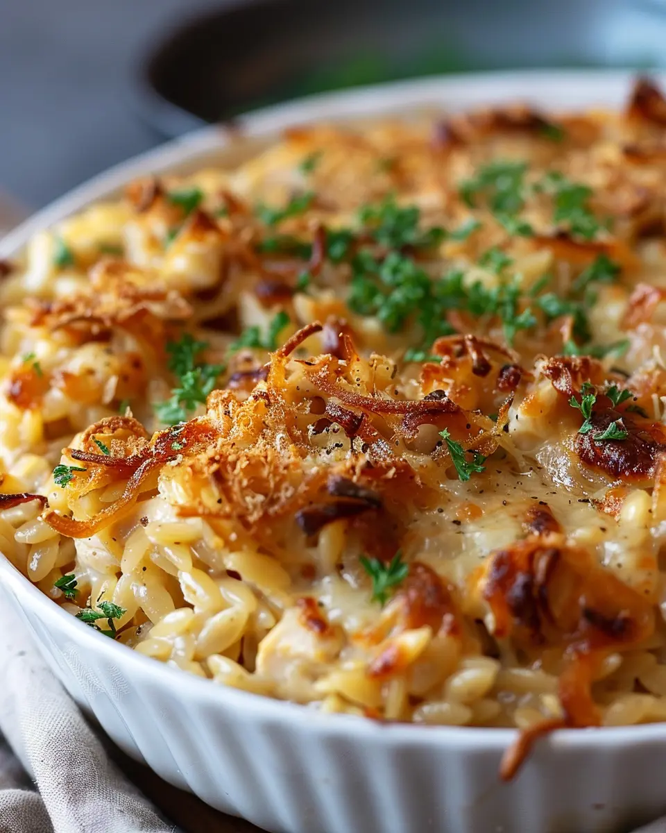 French Onion Chicken Orzo Casserole